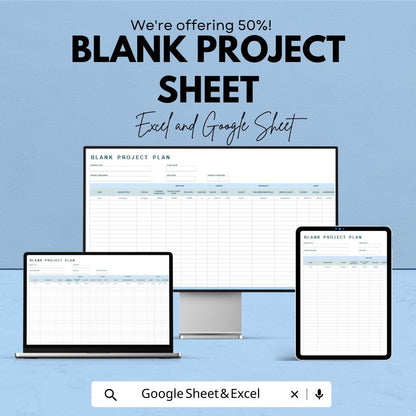 Blank Project Plan Sheet - Excel and Google Sheets, Customizable Project Management Template, Task Tracker & Planner,