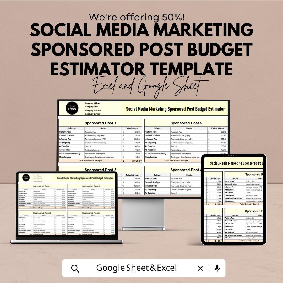 Social Media Marketing Sponsored Post Budget Estimator | Excel & Google Sheets | Ad Campaign Cost Planner | Social Media Ads Budget Template
