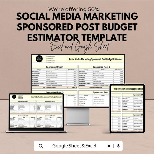 Social Media Marketing Sponsored Post Budget Estimator | Excel & Google Sheets | Ad Campaign Cost Planner | Social Media Ads Budget Template