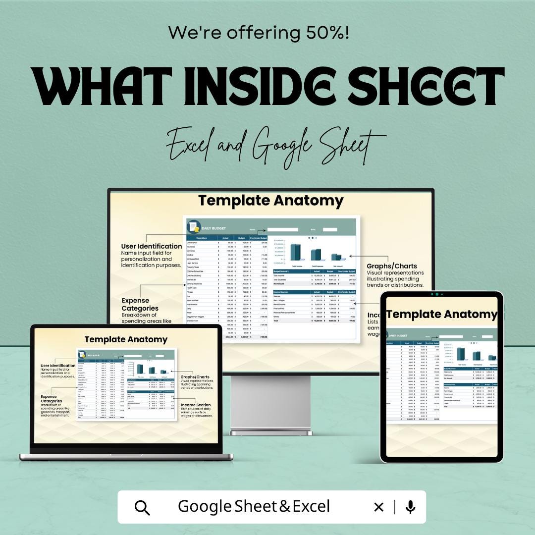 Daily Budget Template | Google Sheets Excel Budget Planner | Expense Tracker Spreadsheet | Personal Finance Planner | Digital Download
