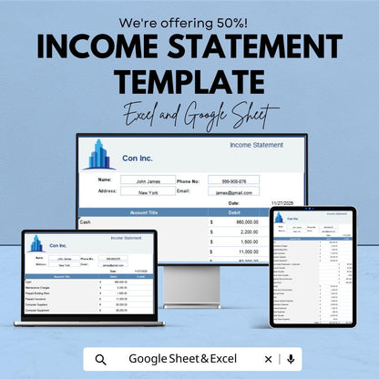 Income Statement Template | Profit and Loss Statement | Business Financial Report | P&L Spreadsheet