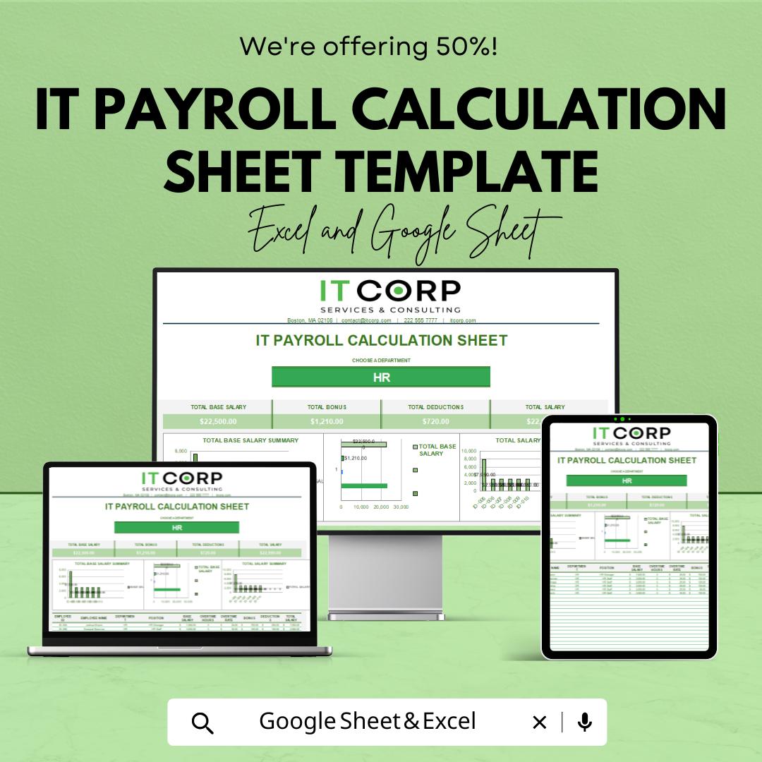 IT Payroll Calculation Sheet Template | Excel & Google Sheets Payroll Calculator | Employee Salary Tracker | Business Payroll Spreadsheet