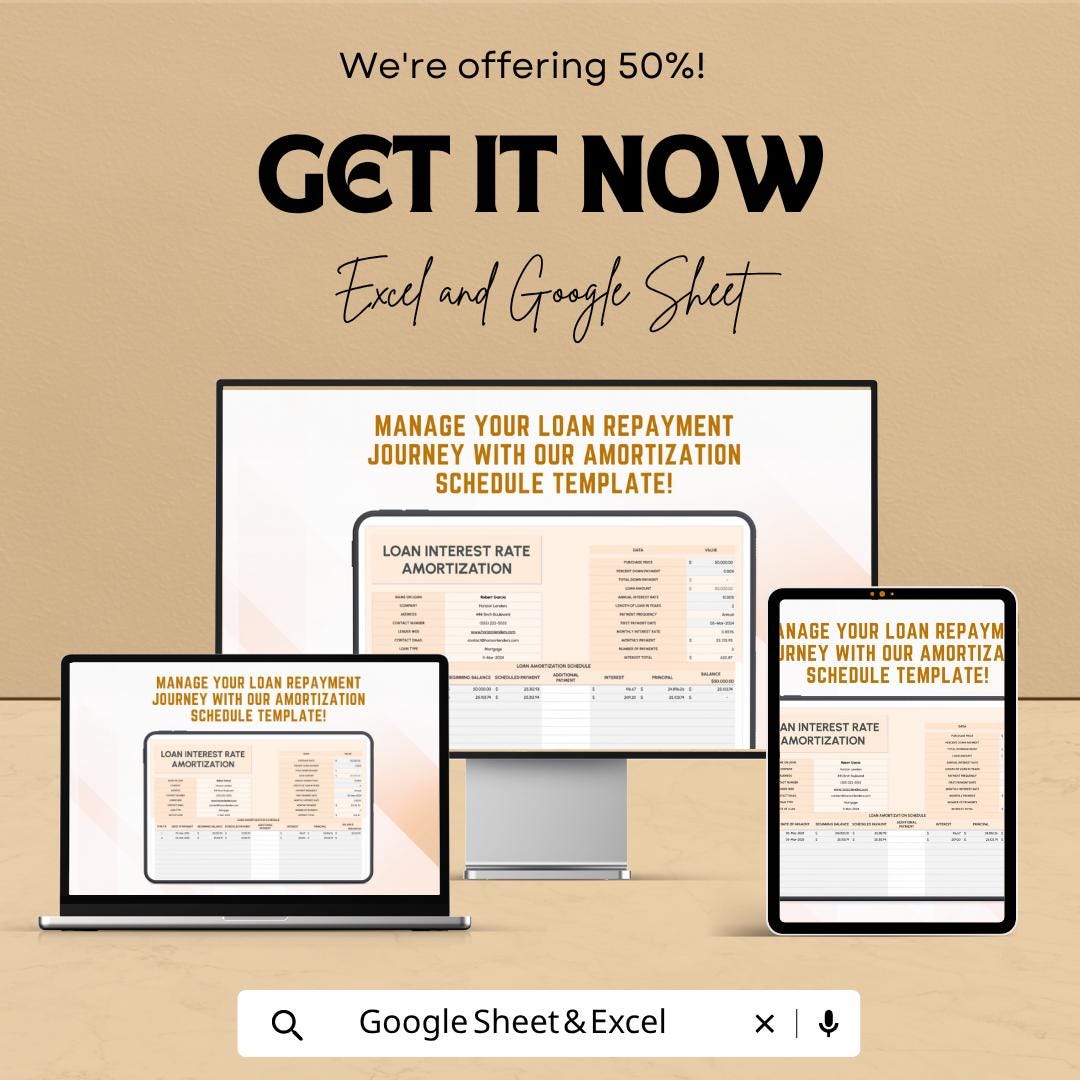 Loan Amortization Schedule Excel | Loan Payment Calculator | Interest Rate Tracker Spreadsheet | Debt Payoff Planner | Google Sheets