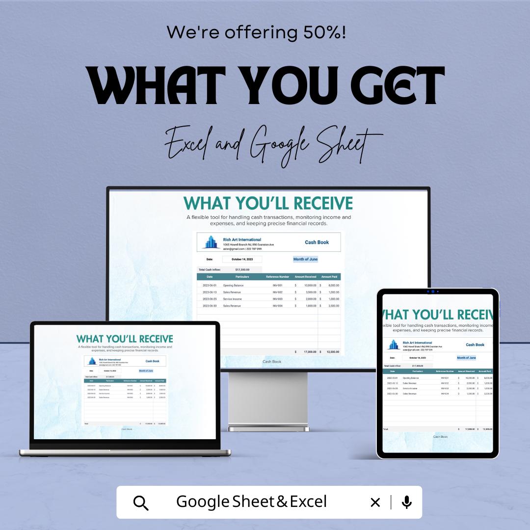 Cash Book Sheet | Excel and Google Sheets | Income & Expense Tracker | Cash Flow Management Template | Editable Finance Sheet
