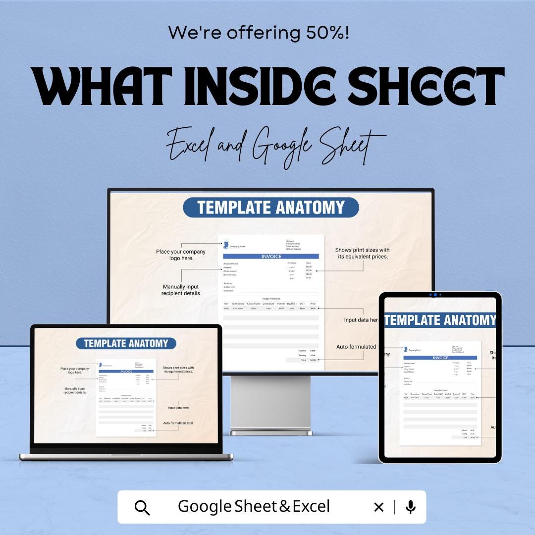 Simple Photography Invoice Template - Excel & Google Sheets, Professional Photography Billing, Customizable Invoice Sheet