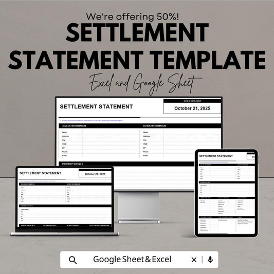 Settlement Statement Template | Excel and Google Sheet | Real Estate Closing Sheet | Buyer & Seller Financial Summary Form