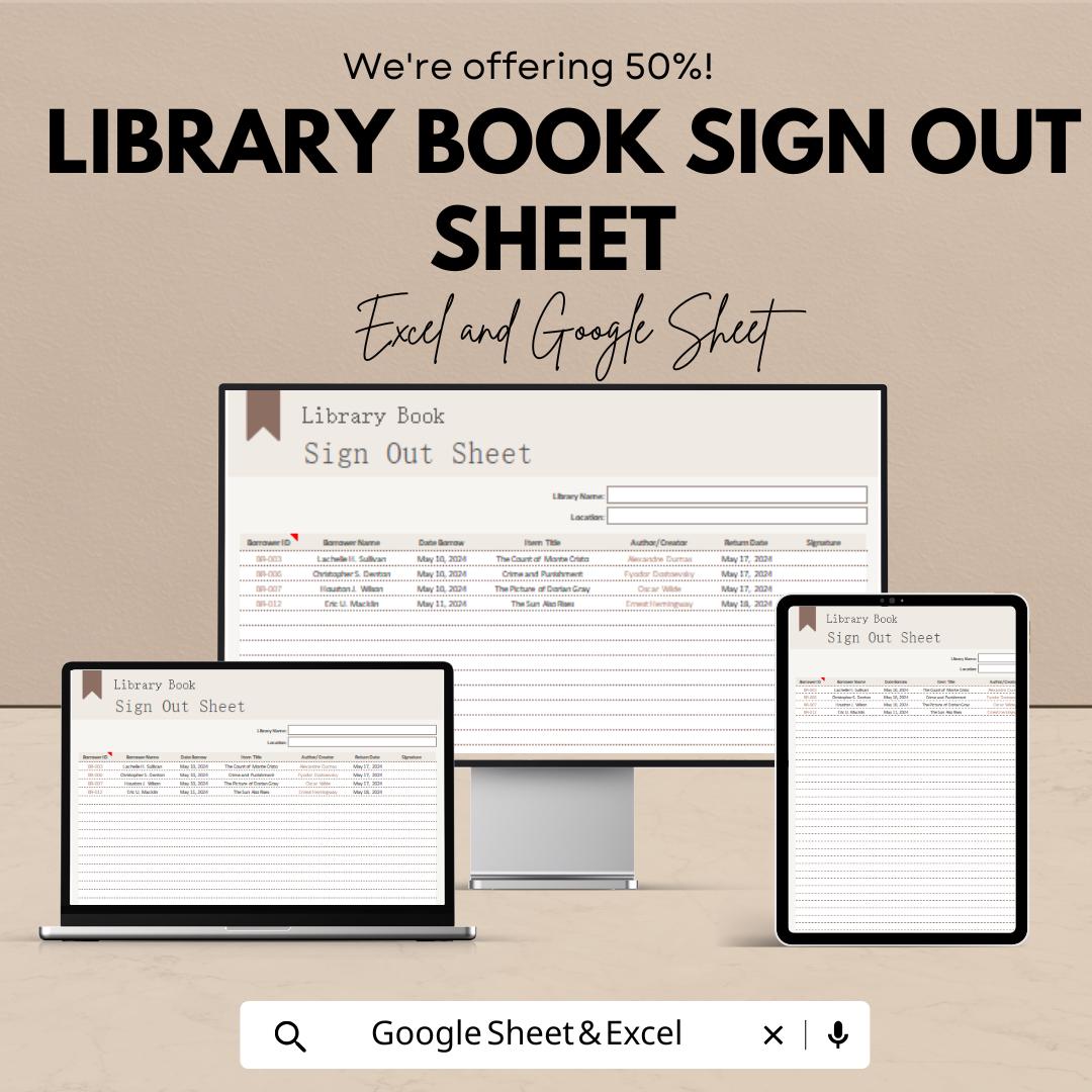 Library Book Sign Out Sheet Template - Excel and Google Sheet | Track Library Usage & Borrowed Books | Easy-to-Use Library Management Tool