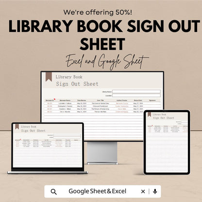 Library Book Sign Out Sheet Template - Excel and Google Sheet | Track Library Usage & Borrowed Books | Easy-to-Use Library Management Tool