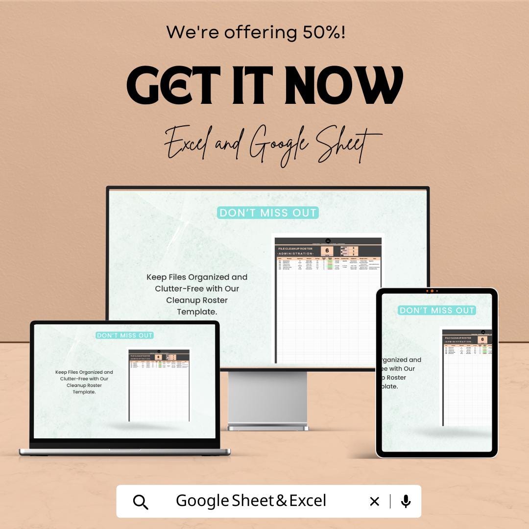 Administration File Cleanup Roster Template | File Management Tracker | Office Organization Spreadsheet | Document Cleanup Log