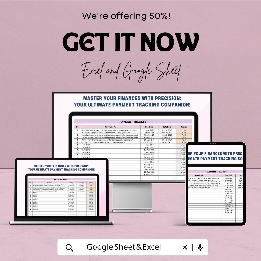 Payment Tracker Template  | Bill Payment Organizer Spreadsheet | Monthly Payment Log | Expense & Due Date Tracker