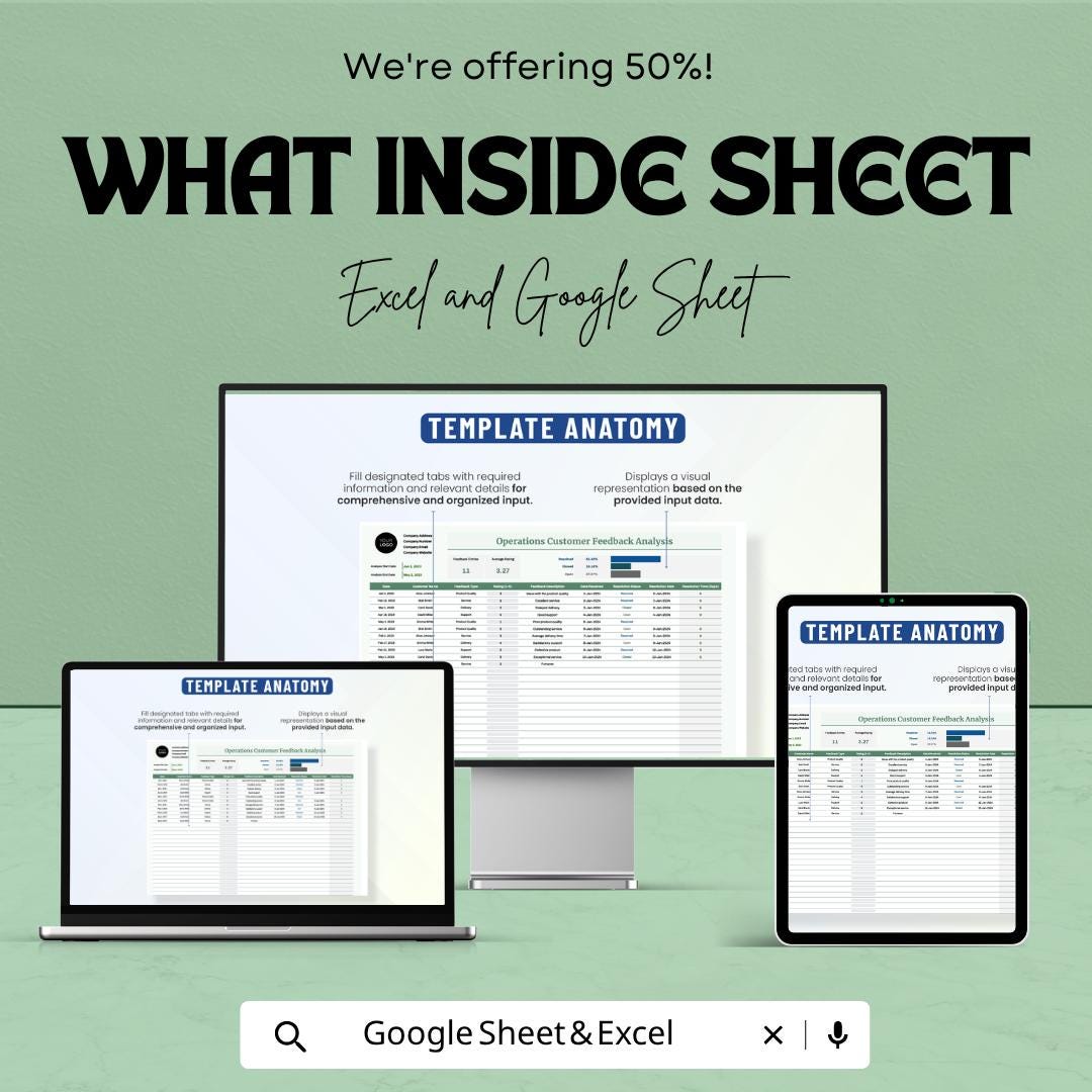 Customer Feedback Analysis Template | Customer Satisfaction Tracker | Feedback Dashboard Spreadsheet | Service Quality Tracker