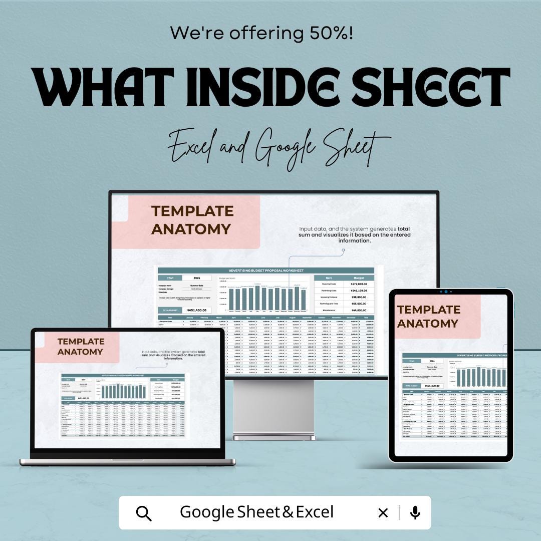 Advertising Budget Proposal Worksheet | Excel and Google Sheets Template | Budget Planner for Marketing & Advertising Campaigns |