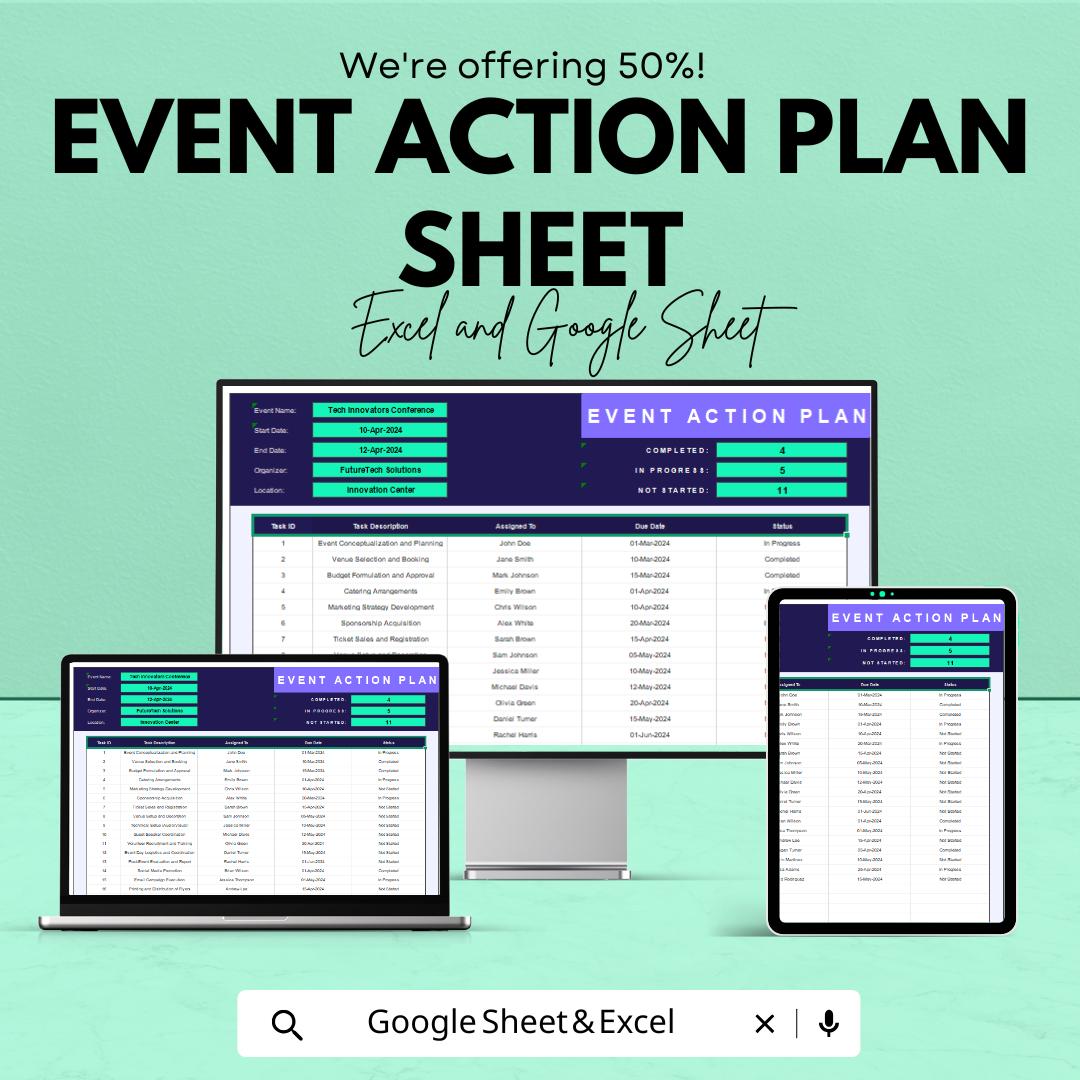 Event Action Plan Template - Excel and Google Sheets for Event Planning | Task Management, Scheduling, & Deadline Tracking