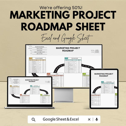 Marketing Project Roadmap Sheet | Excel & Google Sheets Template | Campaign Planning, Goal Setting, Milestone Tracking | 50% Off