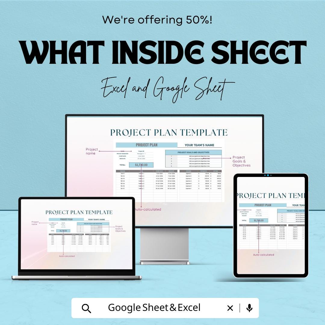 Project Plan Sheet for Team Management – Google Sheets Template – Task Management, Budget Tracking, Project Timeline – Digital Download