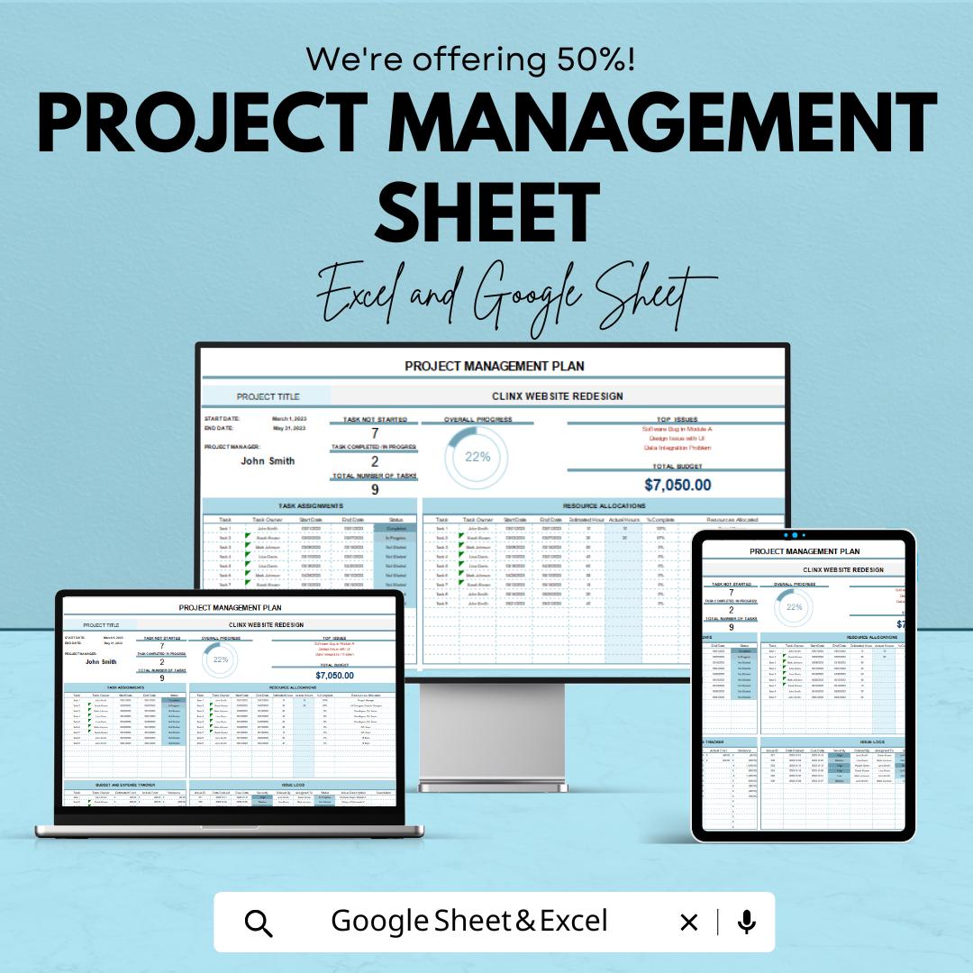 Project Management Sheet - Excel and Google Sheet Template | Track Tasks, Deadlines, Budget & Progress | Customizable and Professional