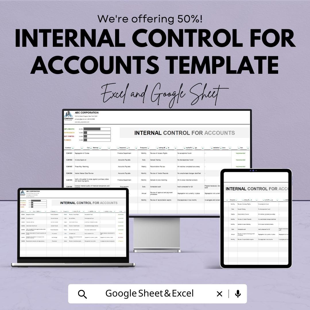 Internal Control for Accounts Template | Accounting Control Sheet | Financial Controls Checklist | Internal Control Framework Template