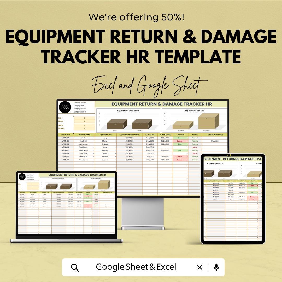 Equipment Return and Damage Tracker HR Template, Employee Asset Tracking Spreadsheet, Equipment Log, Excel and Google Sheets HR Tool