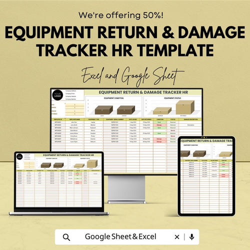 Equipment Return and Damage Tracker HR Template, Employee Asset Tracking Spreadsheet, Equipment Log, Excel and Google Sheets HR Tool
