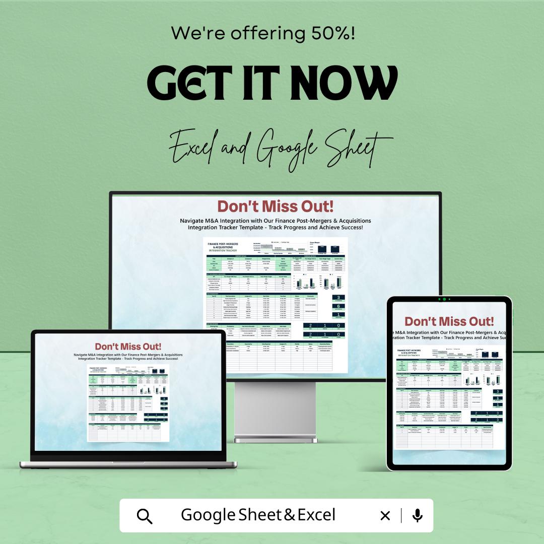 Finance Post-Merger & Acquisition Integration Tracker Template | Excel and Google Sheets | M and A Integration Tracker | Finance KPI sheet