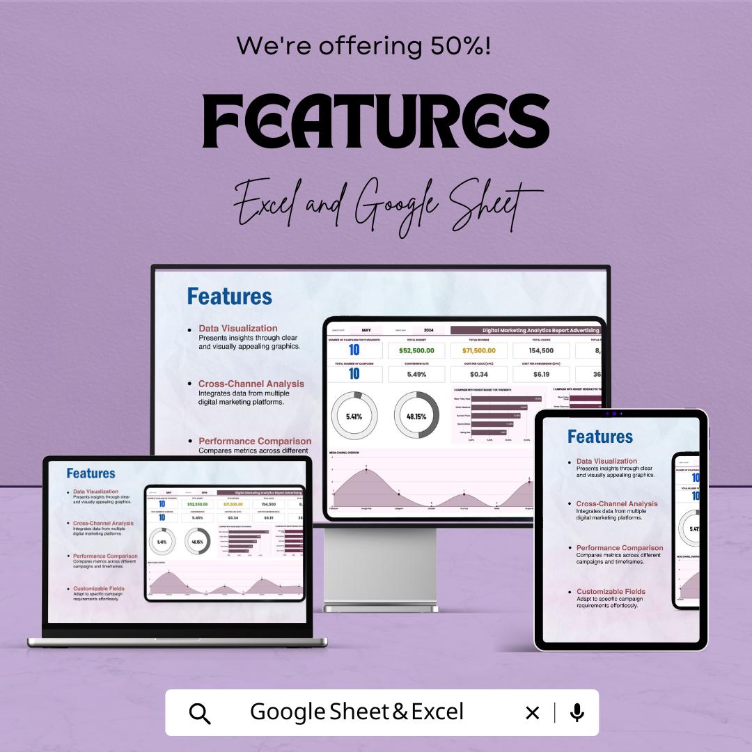 Digital Marketing Analytics Report Advertising Template | Marketing KPI Report | Ad Performance Tracker | Digital Marketing Report Template