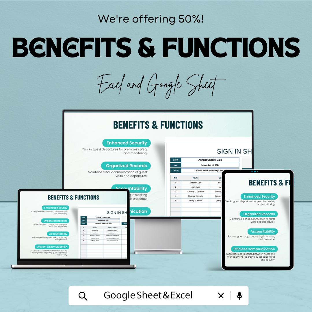 Guest Sign Out Sheet Template - Excel and Google Sheets for Event Check-Out | Track Guest Departures & Contact Information