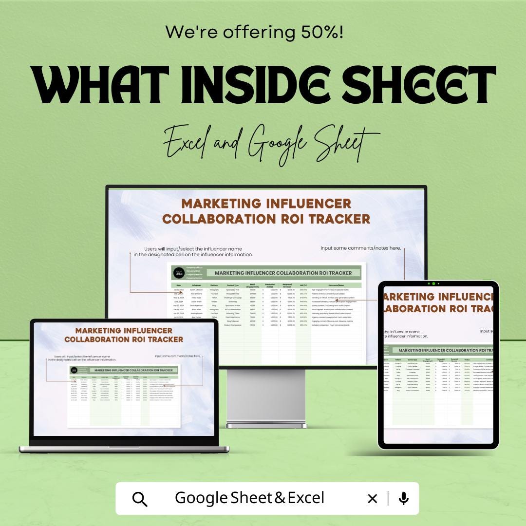 Marketing Influencer ROI Tracker | Excel & Google Sheets Template | Campaign Performance Analytics