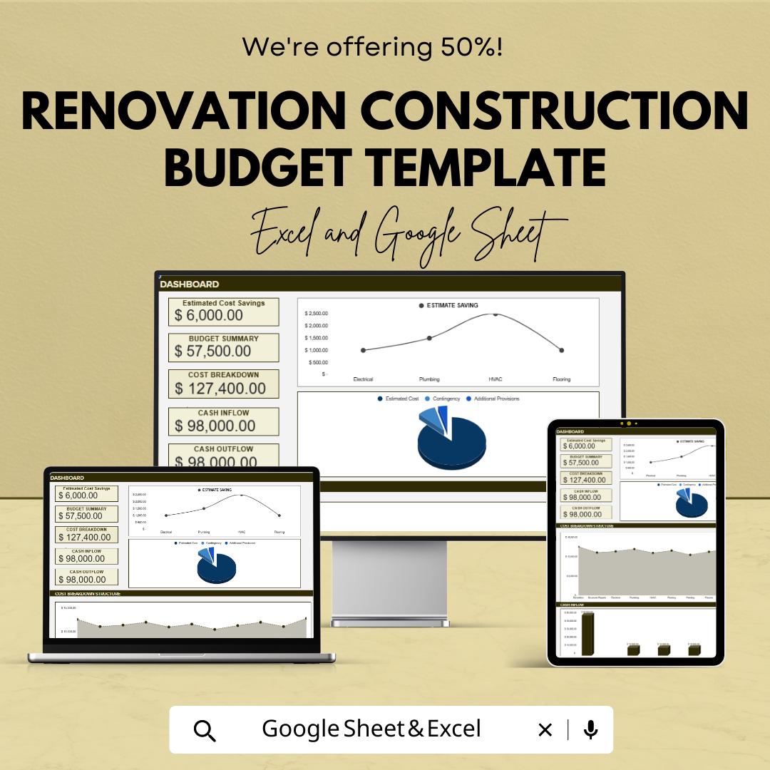 Renovation Construction Budget Template, Home Renovation Cost Tracker, Construction Budget Spreadsheet, Project Cost Planner