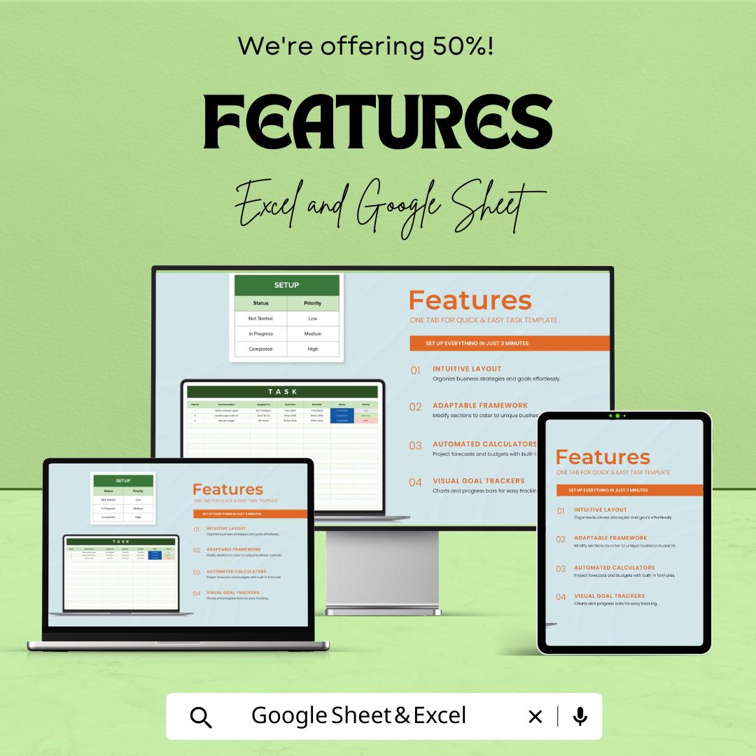 Task Sheet Template – Excel and Google Sheet | Task Management & Tracking | Organize Projects | 50% Off