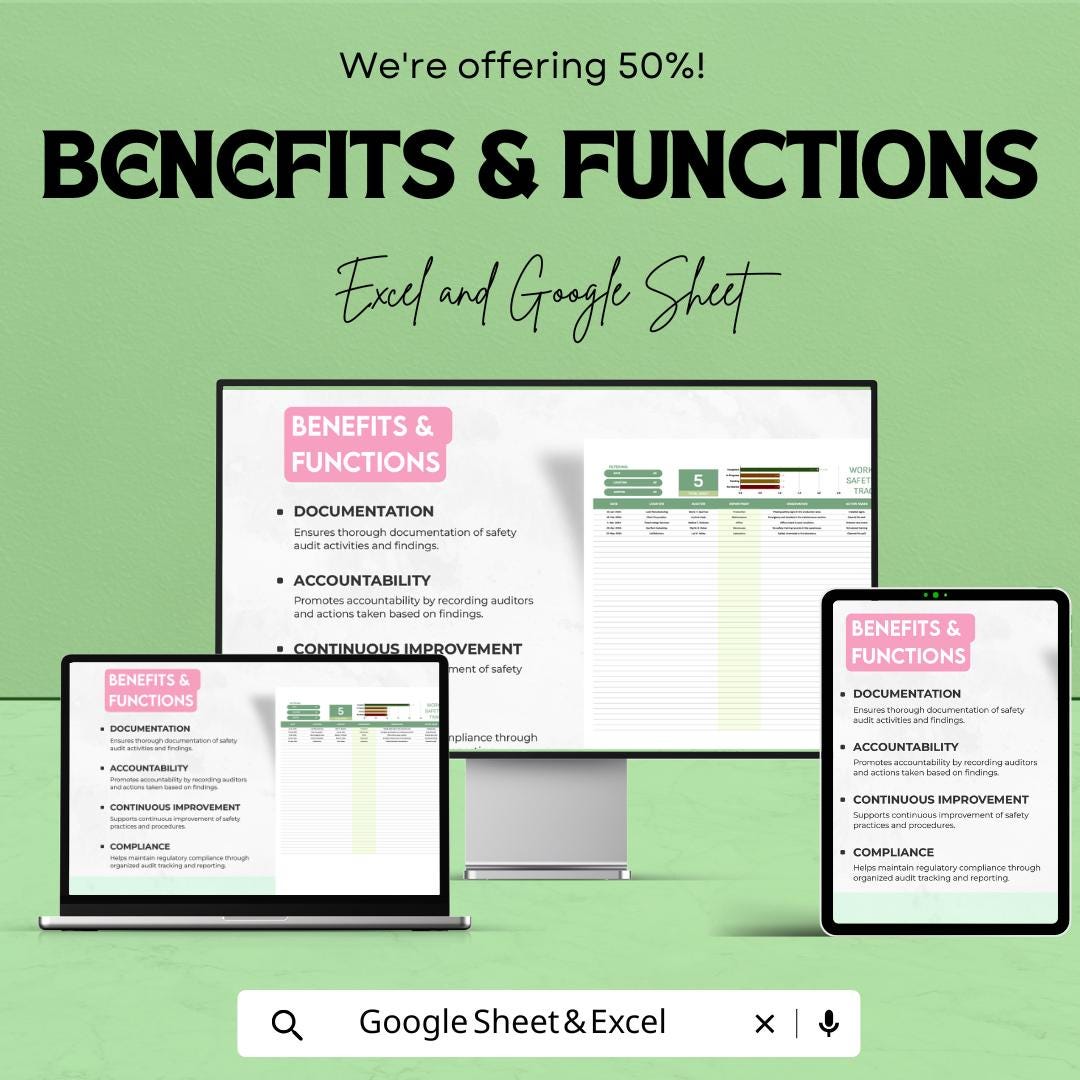 Workplace Safety Audit Tracking Sheet Template | Safety Audit Checklist & Tracker | Compliance Audit Log | Excel and Google Sheets