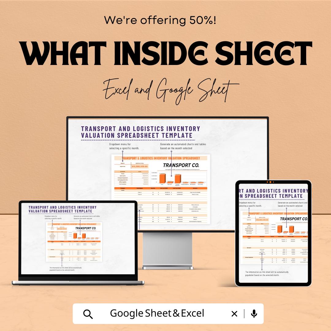 Transport and Logistics Inventory Valuation Spreadsheet Template | Excel and Google Sheets | Inventory Tracker & Valuation Dashboard