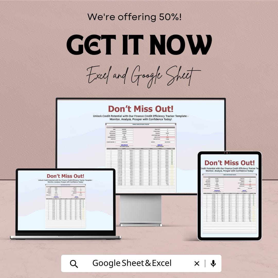 Finance Credit Efficiency Tracker Template | Loan Payment Trackers | Credit Monitoring Spreadsheet | Debt Amortization Schedule