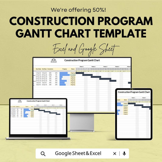 Construction Program Gantt Chart Template | Project Schedule Spreadsheet | Construction Timeline Planner | Excel & Google Sheets |