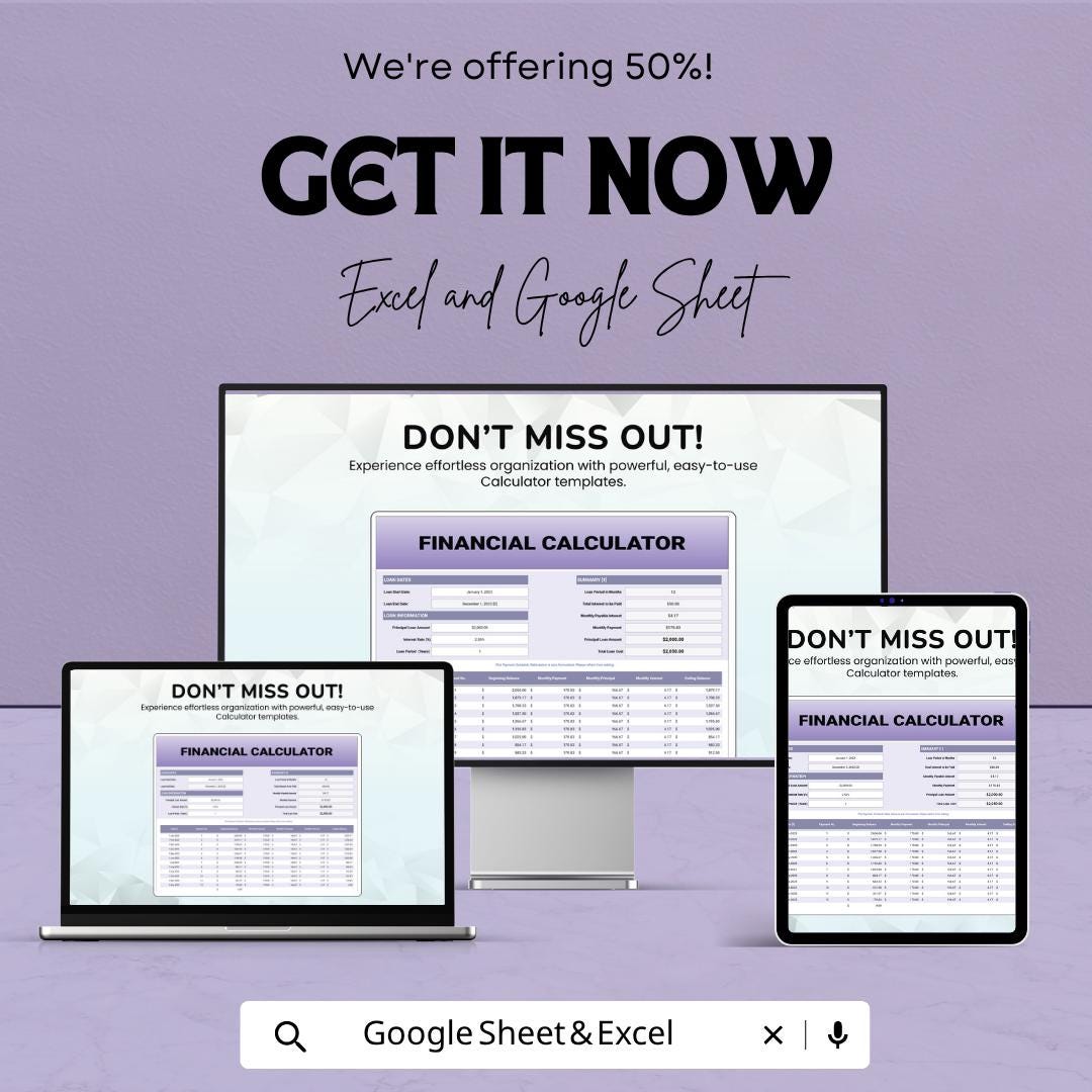 Financial Calculator Template | Loan Payment Spreadsheet | Interest Calculator Sheet | Loan Amortization Tracker | Finance Planner Tool