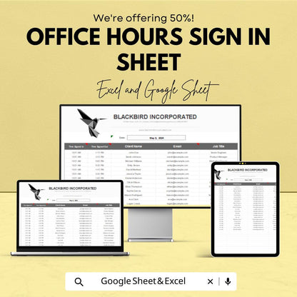 Office Hours Sign-In Sheet Template - Excel and Google Sheet | Employee Attendance Tracker & Office Hours Log