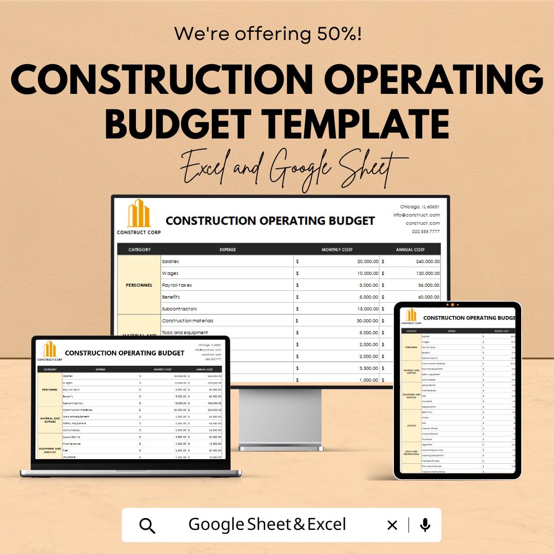 Construction Operating Budget Template | Excel & Google Sheets | Construction Budget Planner | Project Cost Spreadsheet