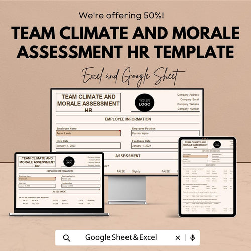 Team Climate and Morale Assessment HR Template | Employee Feedback Survey | Workplace Culture Evaluation | Excel & Google Sheets