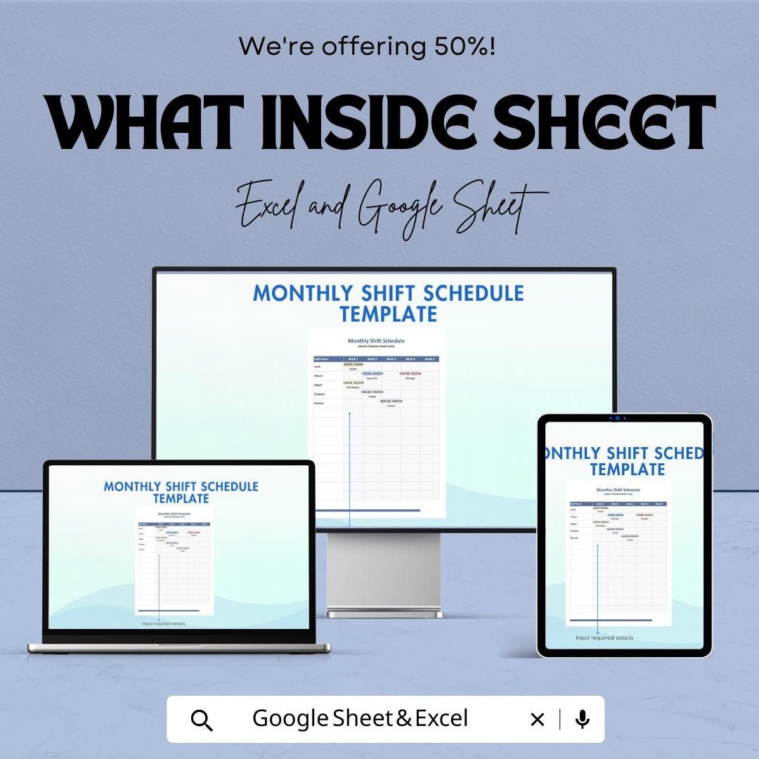 Monthly Shift Schedule Template - Excel & Google Sheets, Employee Work Schedule Planner, Customizable, Staff Shift Organizer