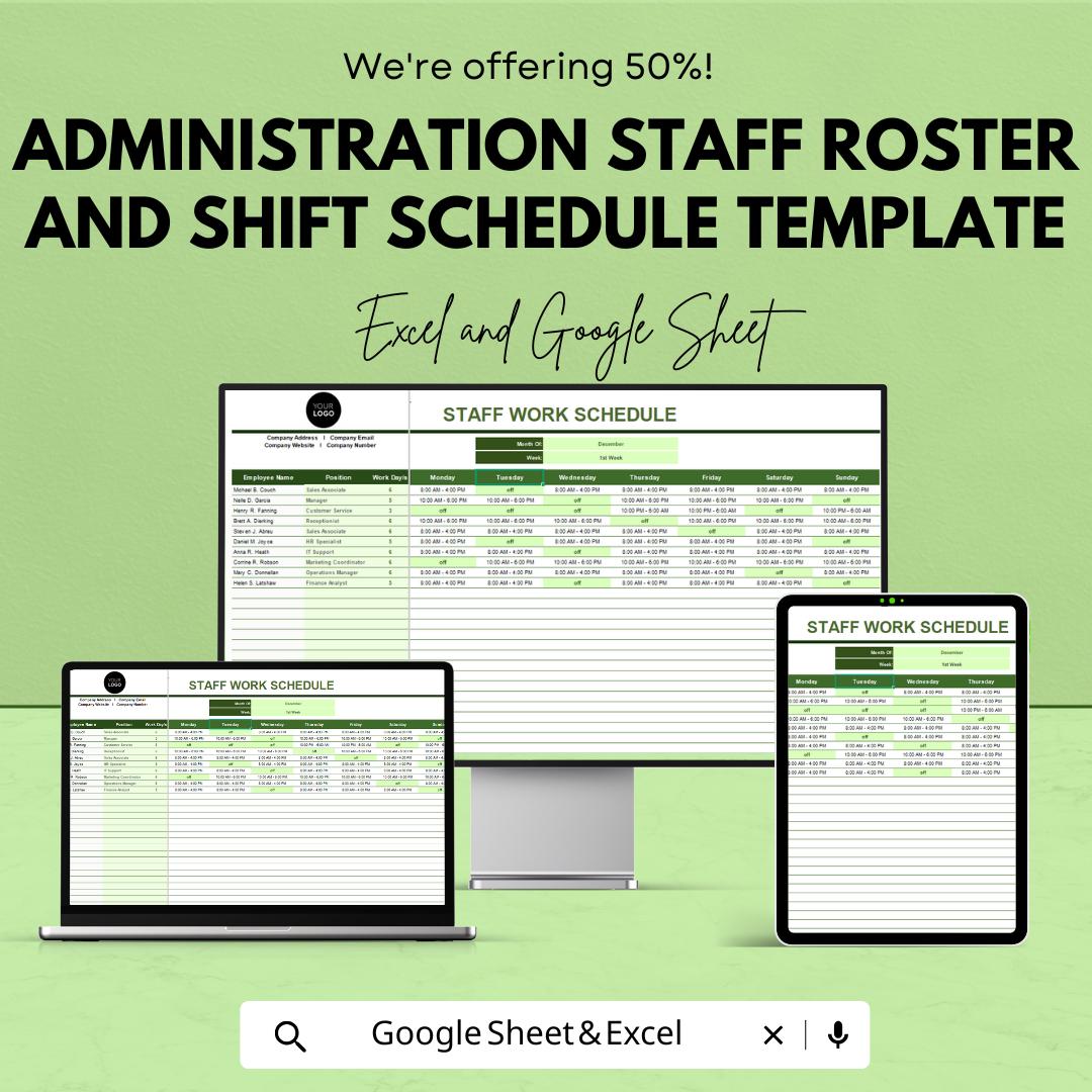 Administration Staff Roster and Shift Schedule Template | Excel & Google Sheets | Employee Work Schedule | Staff Shift Planner