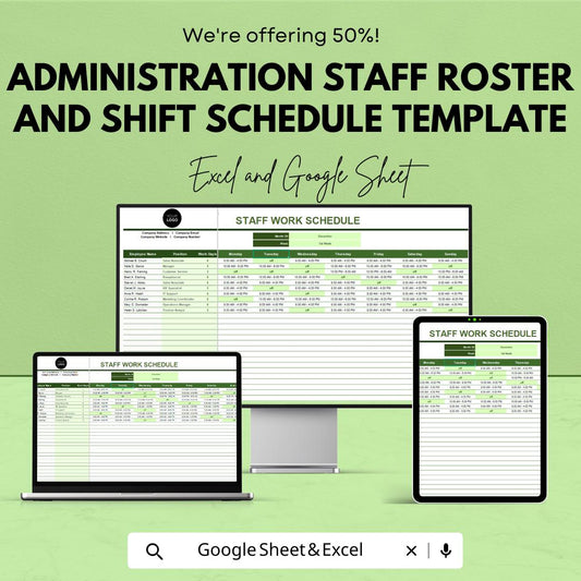 Administration Staff Roster and Shift Schedule Template | Excel & Google Sheets | Employee Work Schedule | Staff Shift Planner