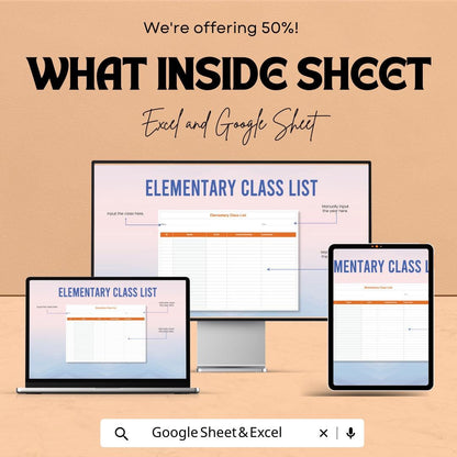 Elementary Class List Template - Excel & Google Sheet, Student Management, Customizable, Class Roster