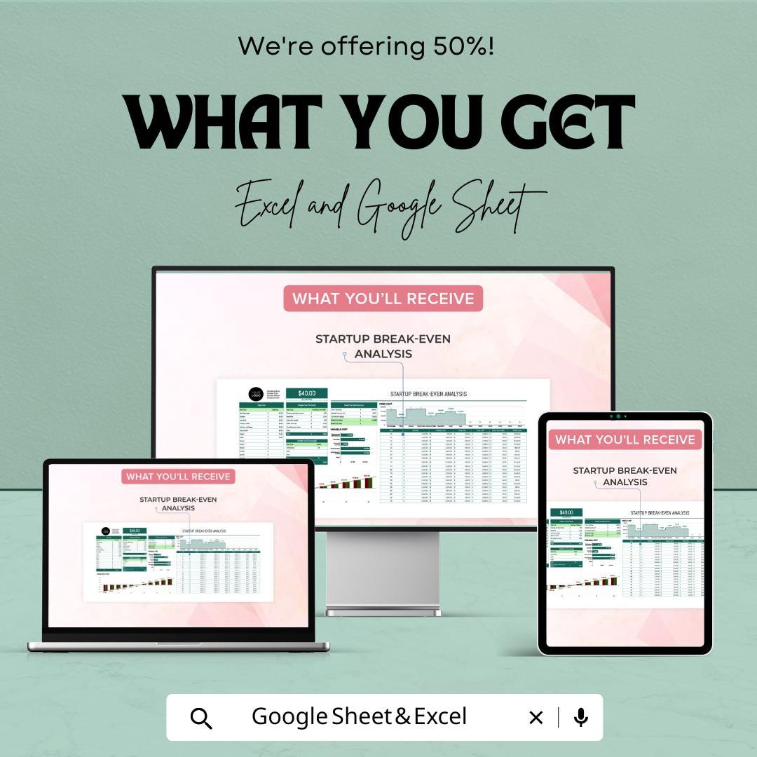 Startup Break Even Analysis Template | Excel & Google Sheets | Break Even Calculator | Business Financial Planning Spreadsheet