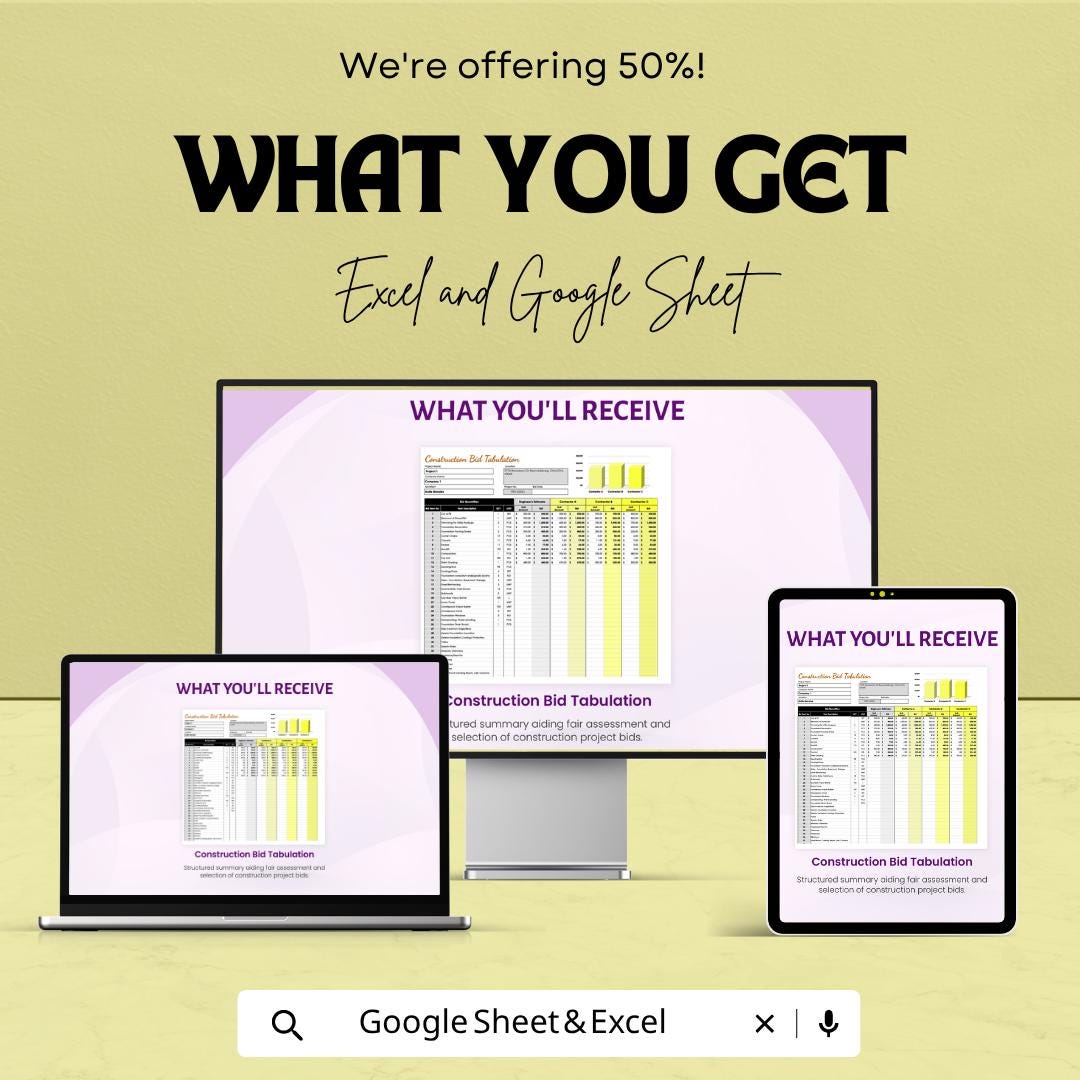 Construction Bid Tabulation Template Excel Google Sheets | Contractor Bid Comparison Spreadsheet | Project Cost Estimator |