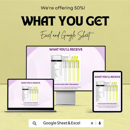 Construction Bid Tabulation Template Excel Google Sheets | Contractor Bid Comparison Spreadsheet | Project Cost Estimator |