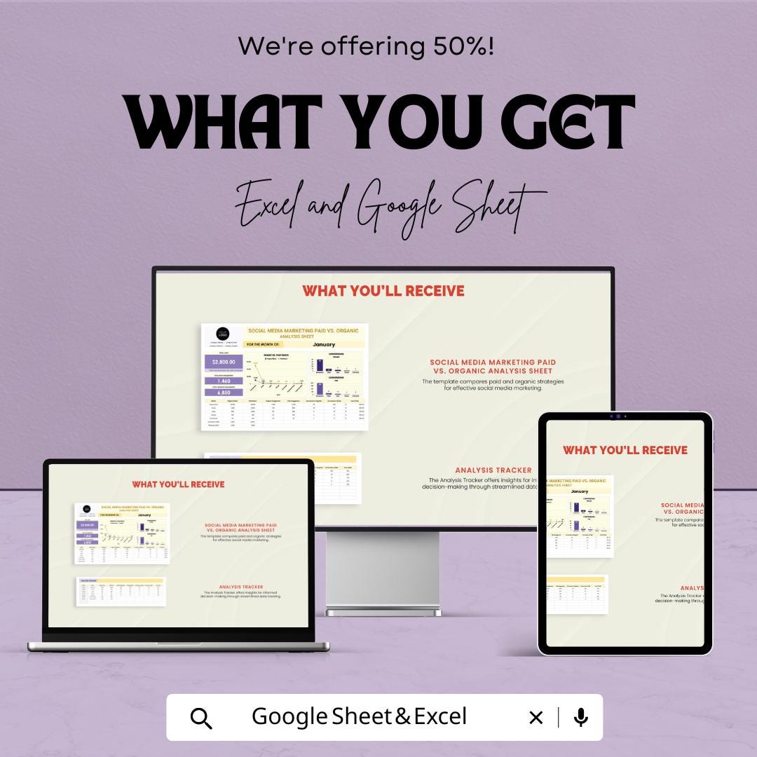 Social Media Marketing Paid vs Organic Analysis Sheet Template | Paid vs Organic Tracker | Marketing Analytics Spreadsheet