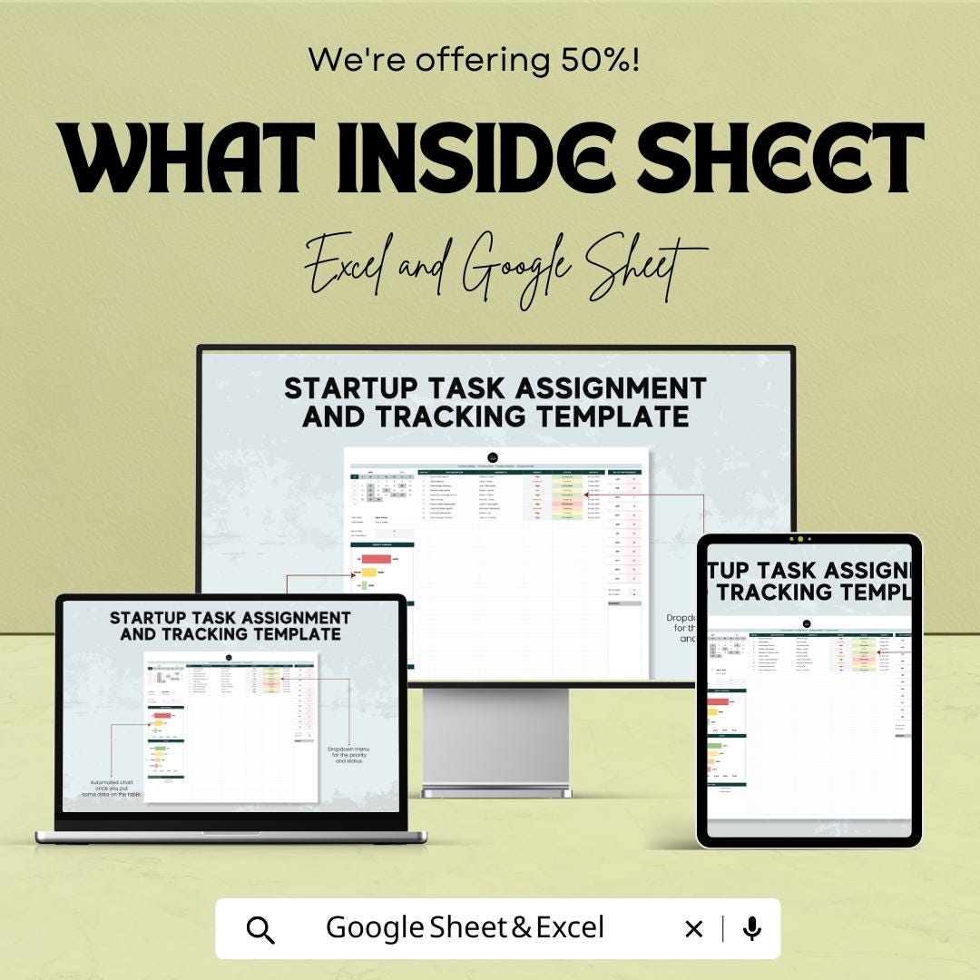 Startup Task Assignment and Tracking Template | Excel & Google Sheets Task Manager | Project Task Tracker Spreadsheet