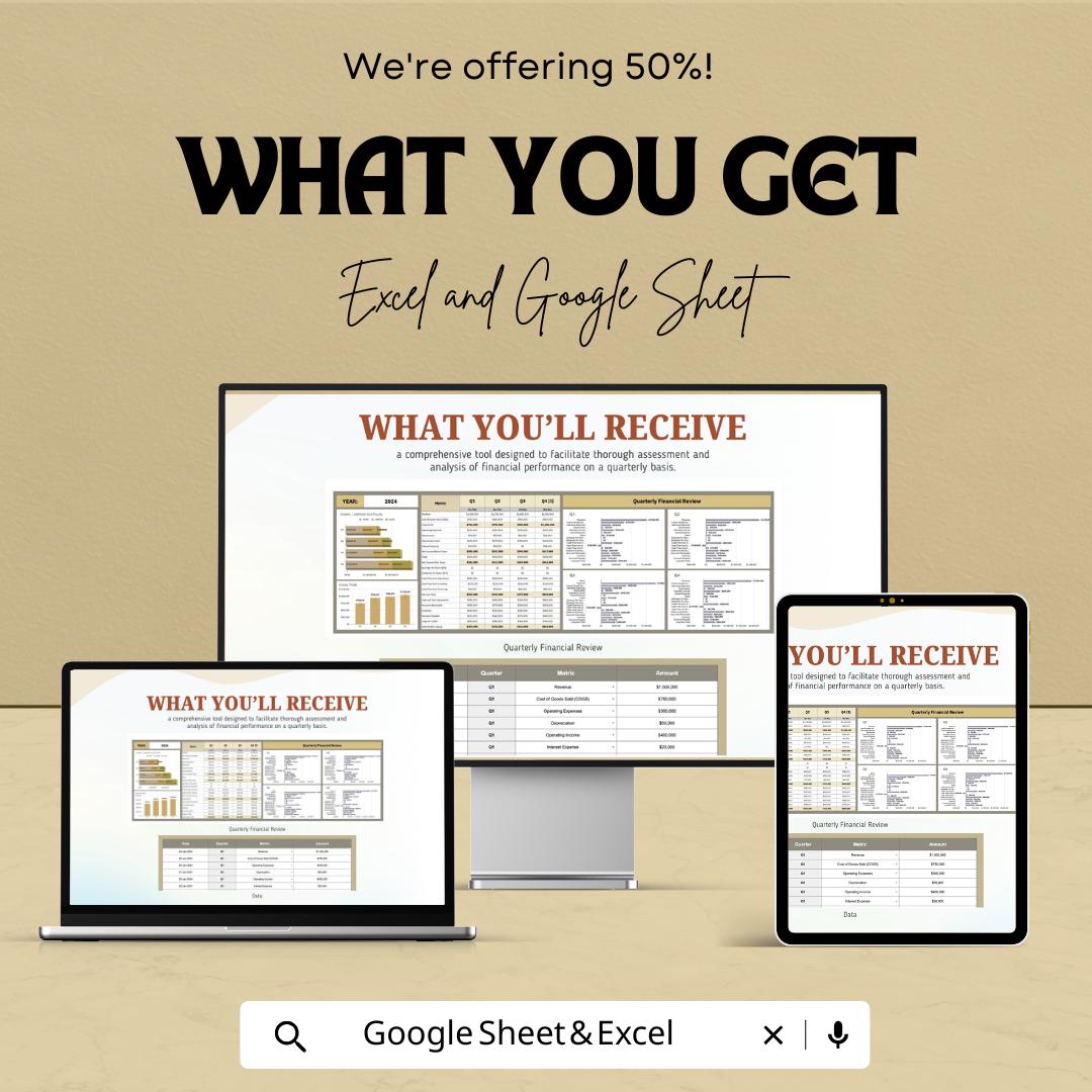 Quarterly Financial Review Template | Business Performance Dashboard | KPI Tracking | Financial Statement Review Template