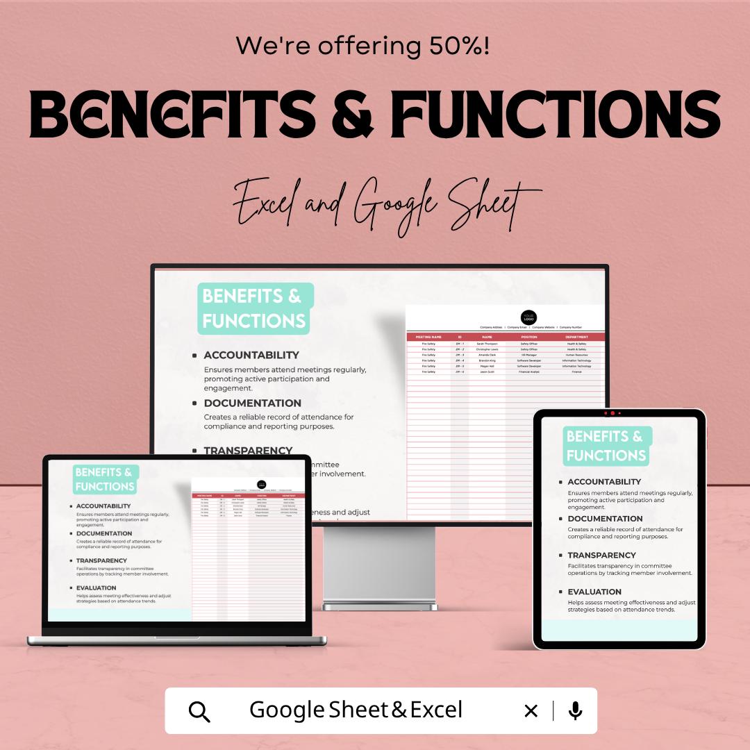 Health & Safety Meeting Attendance Log Template | Safety Meeting Tracker | Attendance Spreadsheet | Excel and Google Sheets |