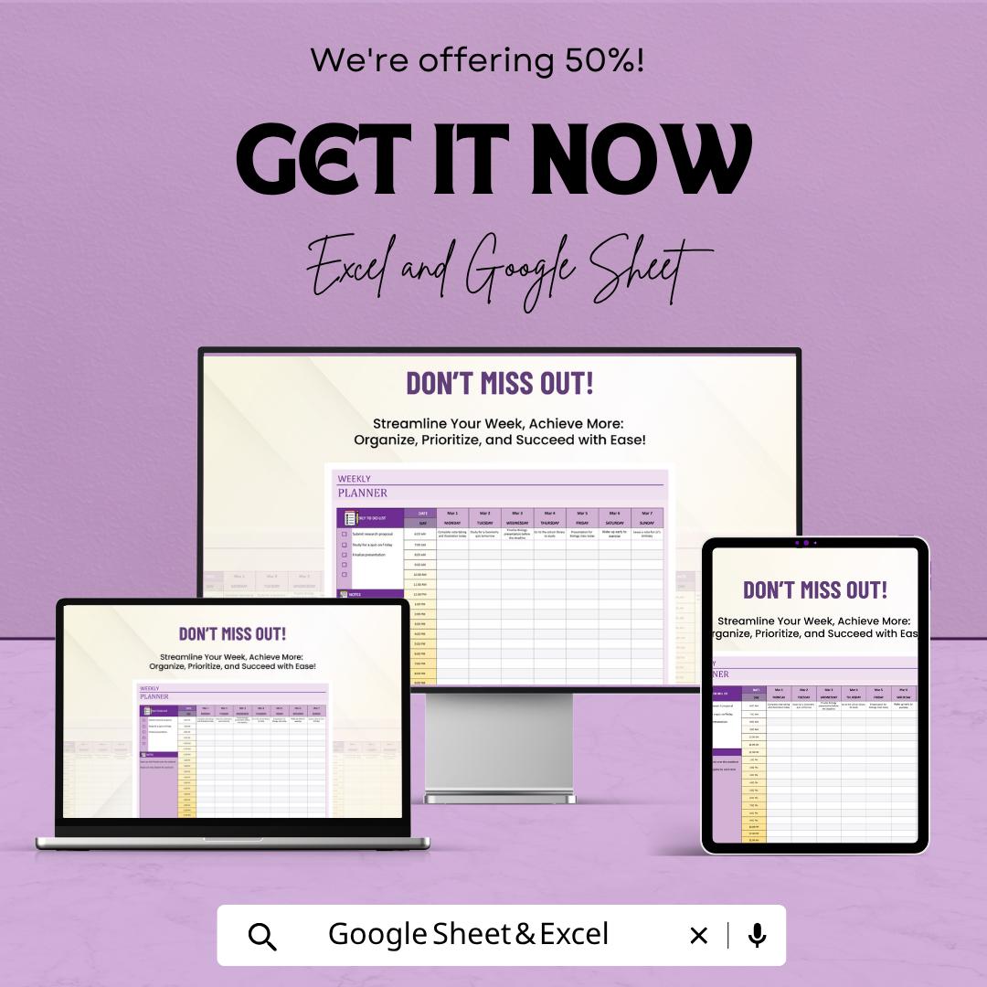 Weekly Planner Spreadsheet Template | Weekly Schedule Spreadsheet | Time Blocking Planner | Task Manager Template