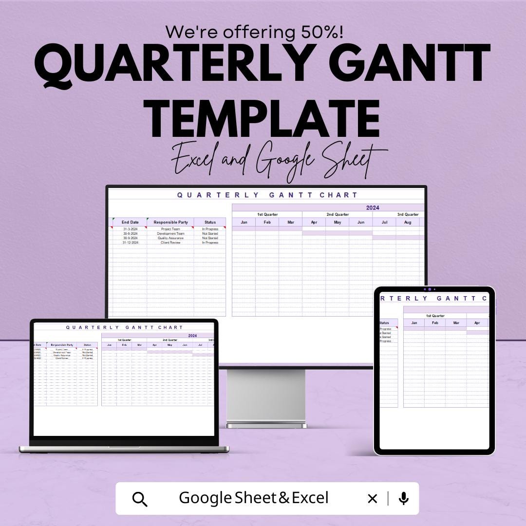 Quarterly Gantt Chart Template | Project Timeline Planner | Task Tracking Spreadsheet | Project Management Template | Editable Gantt